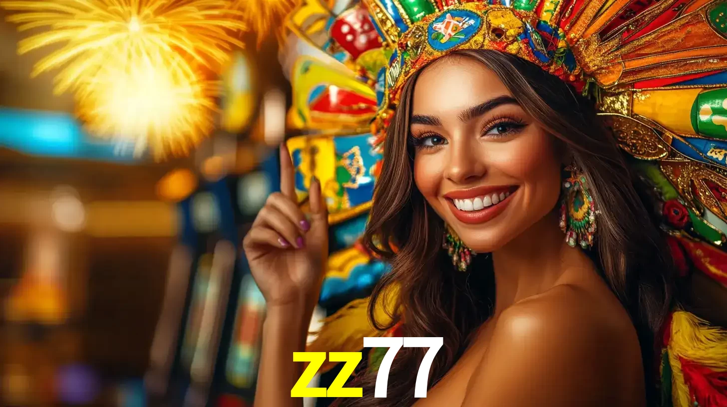 Mulher sorridente com um cocar de carnaval vibrante e colorido, celebrando uma grande vitória nos jogos do cassino zz77 com fogos de artifício ao fundo.