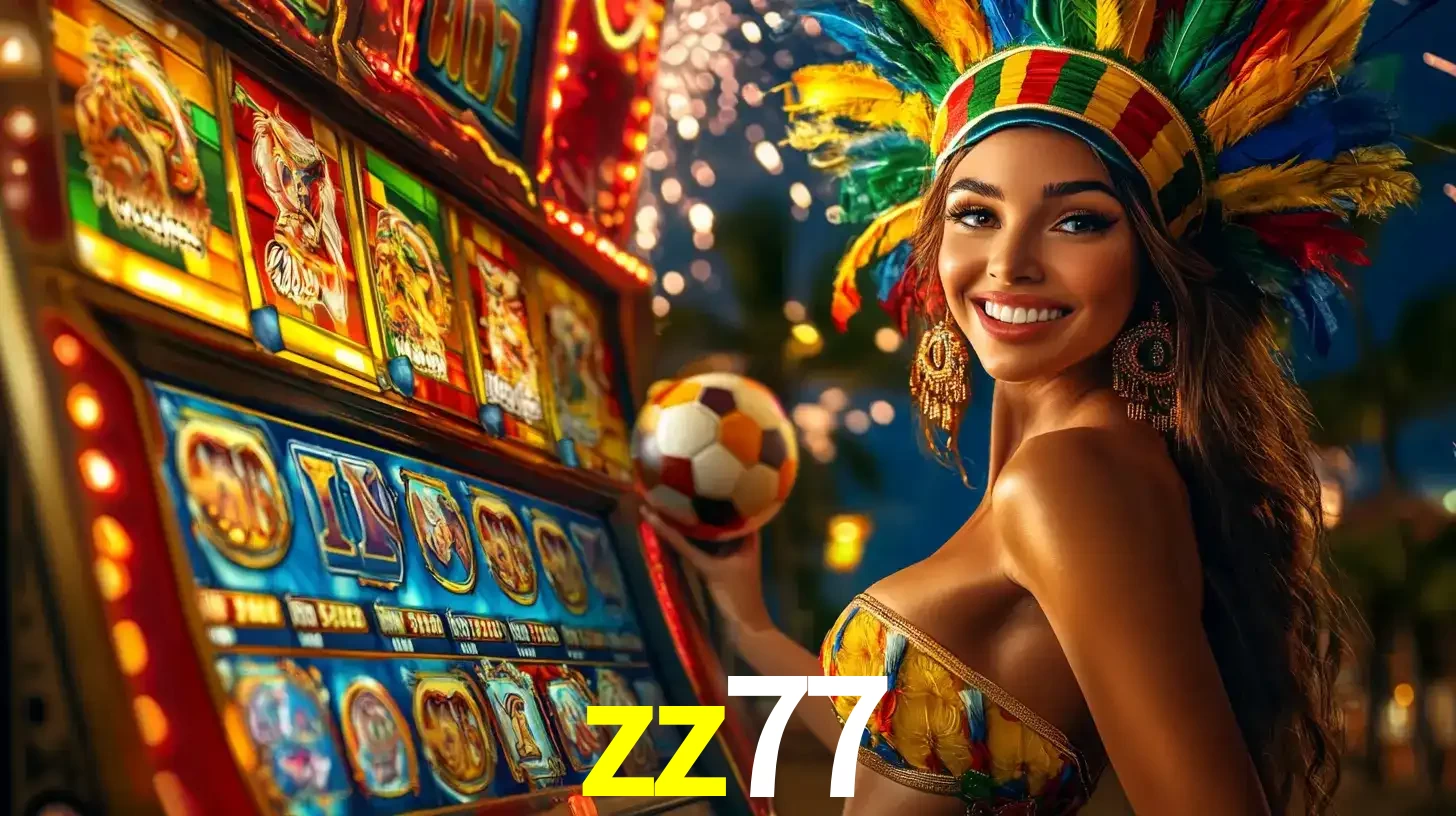 Mulher com um cocar de carnaval ao lado de uma máquina de caça-níqueis enquanto segura uma bola de futebol, mostrando a união da diversão de cassino e esportes no zz77.