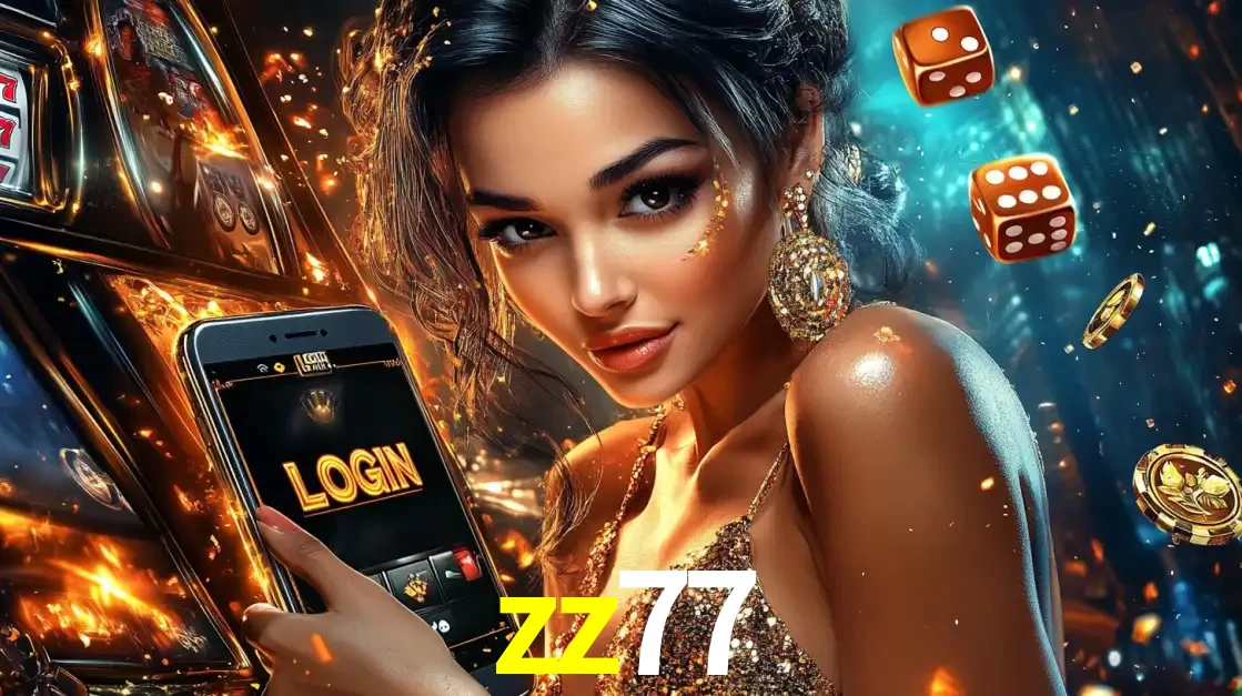 Mulher glamourosa segurando um celular com a tela de login do cassino zz77, rodeada por dados e moedas douradas, pronta para começar a diversão.
