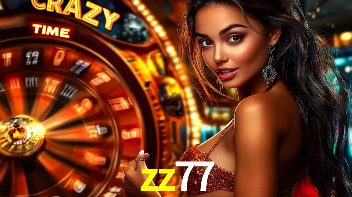 Mulher ao lado da roda de prêmios do jogo de cassino ao vivo Crazy Time, um dos shows de jogos mais emocionantes oferecidos pela plataforma de apostas zz77.