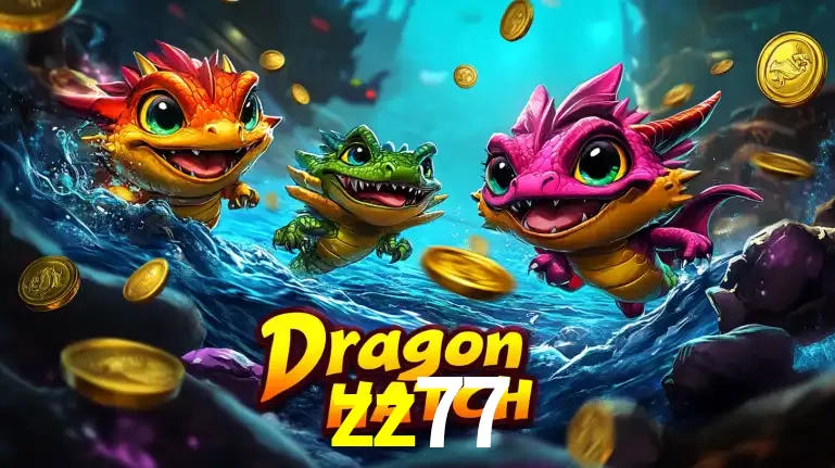 Arte promocional do jogo Dragon Hatch com três adoráveis dragões bebês nadando entre moedas de ouro, um dos slots mais divertidos para jogar no cassino zz77.