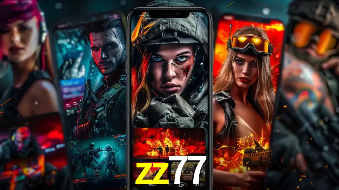 Montagem de telas de celular mostrando diversos personagens, masculinos e femininos, de um jogo de tiro, ilustrando a diversidade de equipes de e-sports para apostar no zz77.