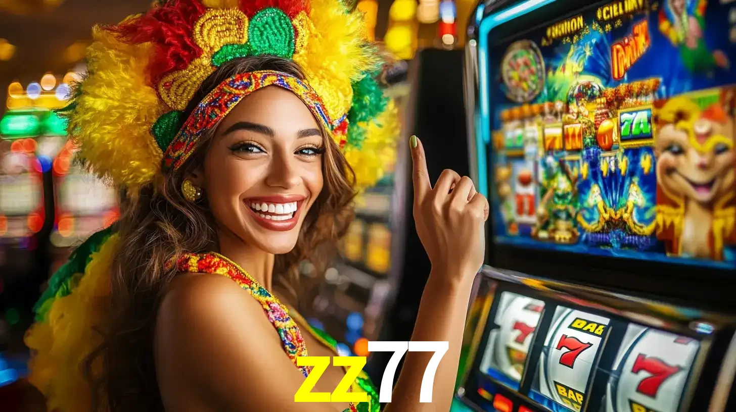 Mulher animada com um cocar de carnaval apontando para uma máquina de caça-níqueis, mostrando a emoção de ganhar um grande prêmio nos jogos do zz77.