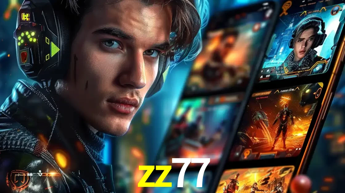 Jovem jogador com fones de ouvido olhando para a câmera, com um aplicativo de jogos e e-sports para celular ao fundo, pronto para a competição e apostas no zz77.