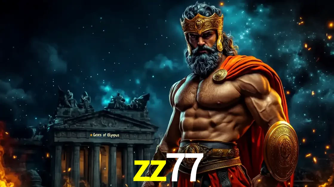O poderoso Zeus do jogo de slot Gates of Olympus em frente ao seu templo, pronto para lançar multiplicadores divinos e prêmios épicos no cassino online zz77.