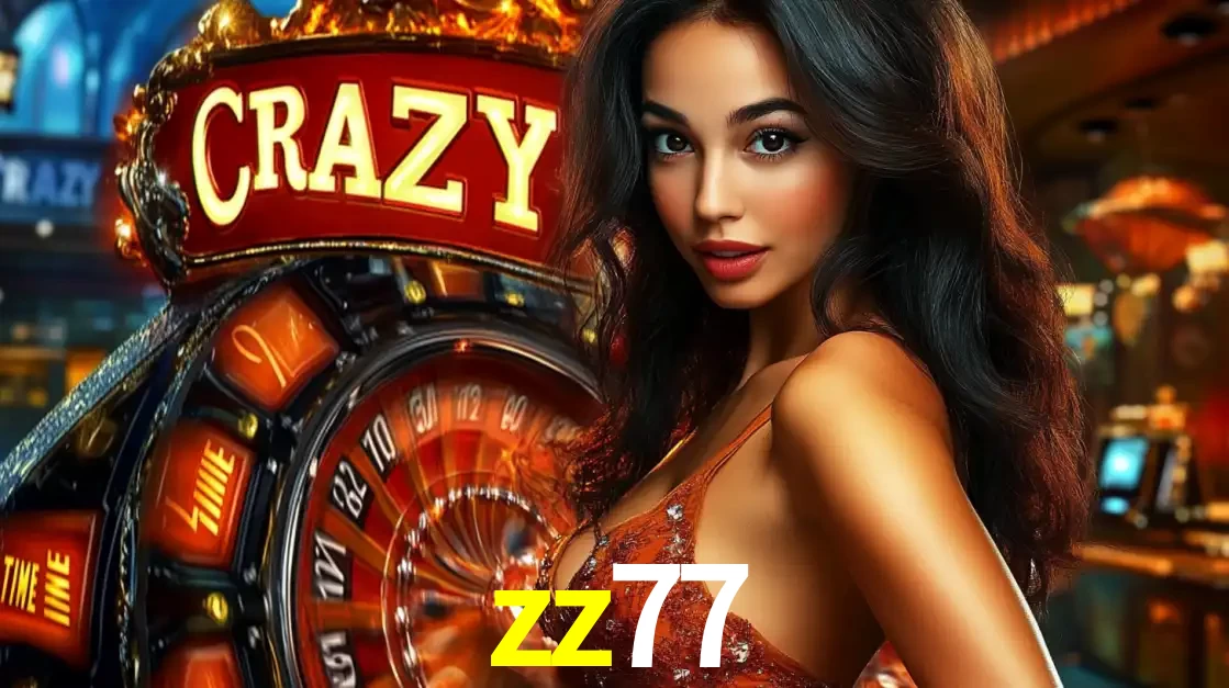 Mulher glamourosa olhando para a câmera com a roda vermelha do Crazy Time ao fundo em um ambiente de cassino, destacando a emoção dos jogos ao vivo no zz77.