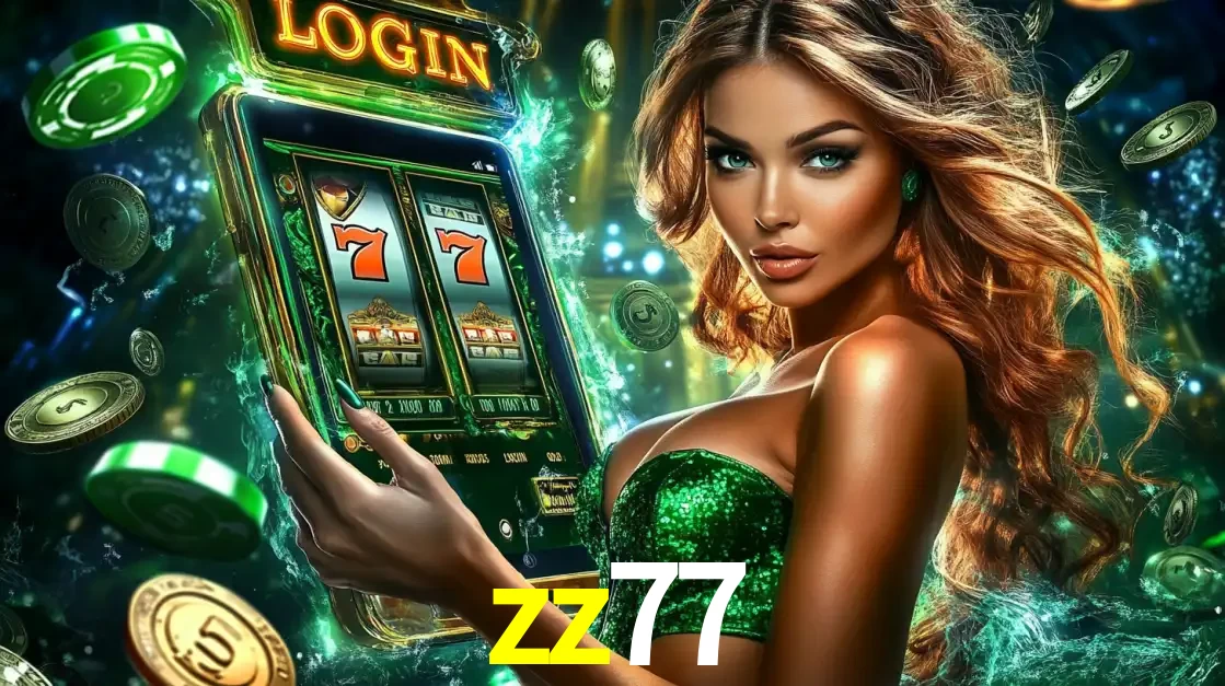 Mulher com tema verde apresentando o aplicativo do cassino zz77 com um jogo de slot de 777, cercada por fichas de cassino e uma aura de sorte.