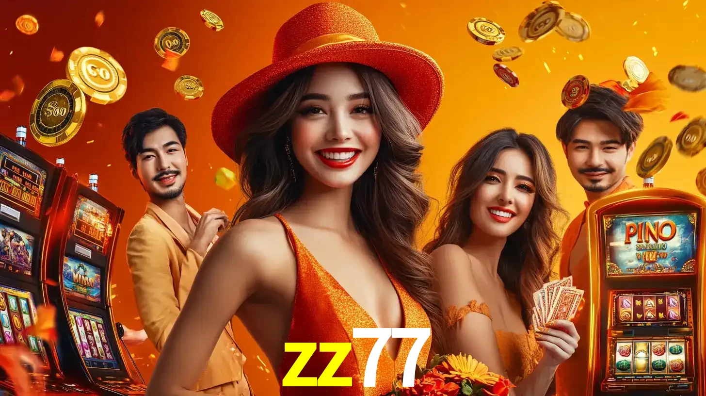 Grupo de amigos asiáticos sorrindo e se divertindo com máquinas de caça-níqueis em um ambiente festivo, celebrando suas vitórias nos jogos de cassino do zz77.