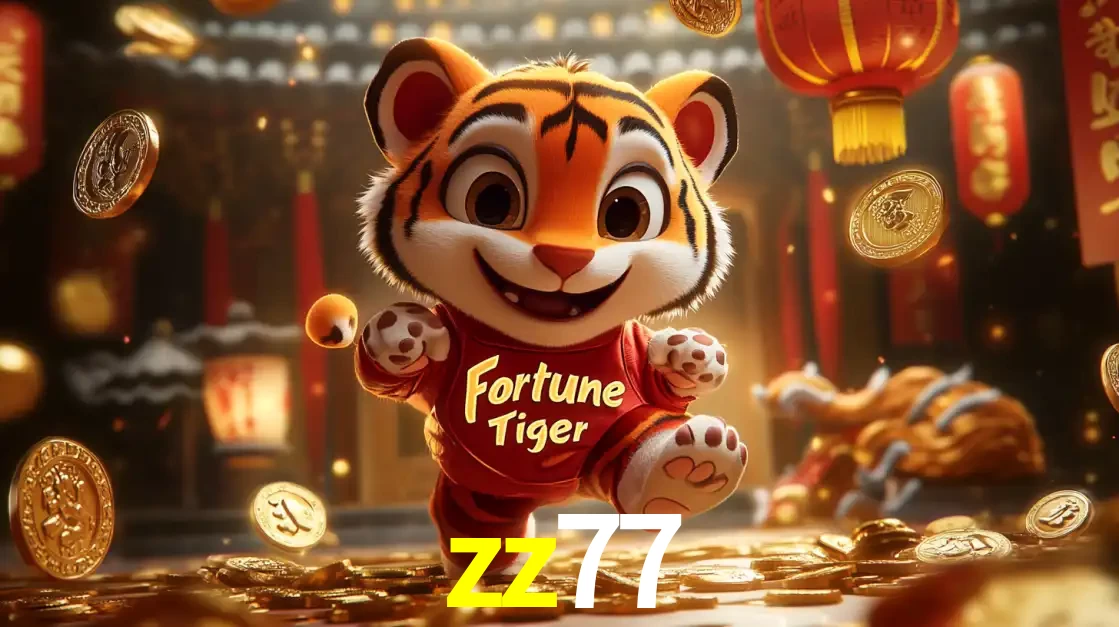 O alegre personagem do Fortune Tiger correndo sobre um caminho de moedas de ouro, simbolizando os grandes prêmios e a diversão do popular jogo de slot do zz77.