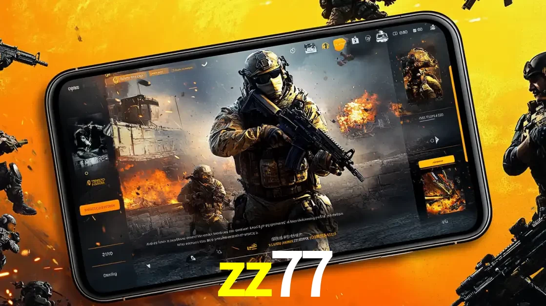 Um smartphone exibindo a interface de um jogo de tiro em primeira pessoa, com um soldado em um cenário de batalha, representando a ação dos e-sports para apostar no zz77.
