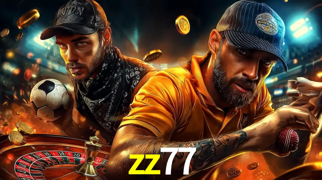 Montagem de apostas esportivas e cassino no zz77, com um homem segurando uma bola de futebol e outro uma de beisebol sobre uma roleta e moedas voadoras.