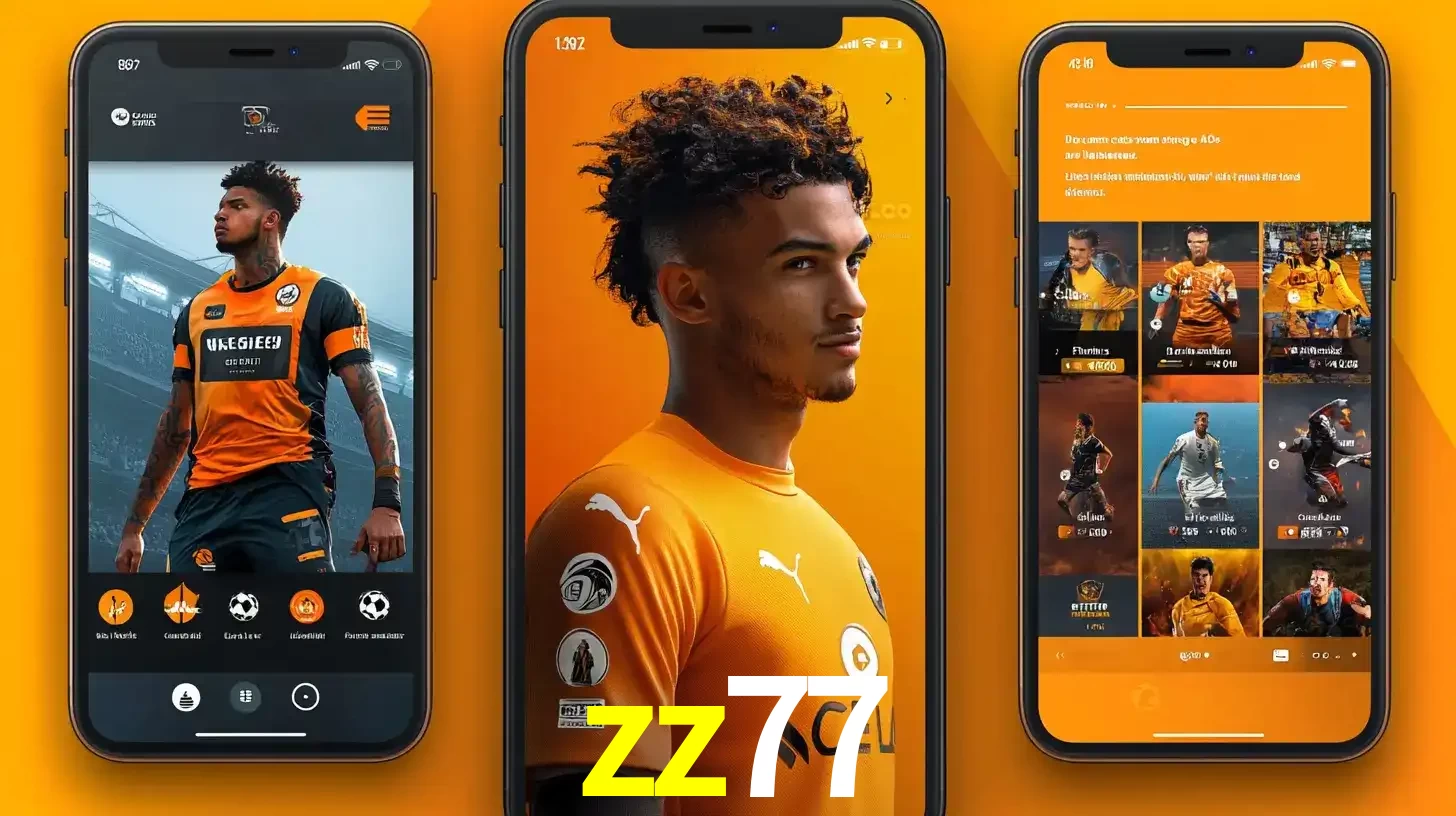 Interface do aplicativo de apostas esportivas zz77 em três telas de celular, mostrando o perfil de um jogador de futebol e a lista de jogos disponíveis para apostar.