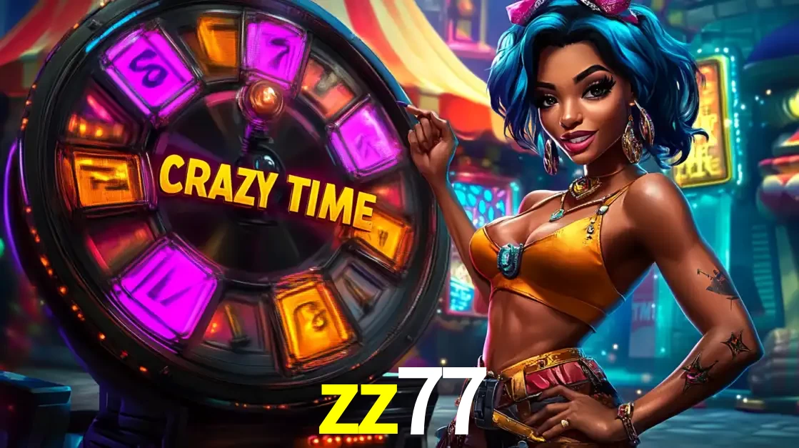 Mulher estilizada com cabelo azul e visual vibrante posando ao lado da roda de prêmios do game show Crazy Time, convidando para a diversão e os bônus do cassino zz77.