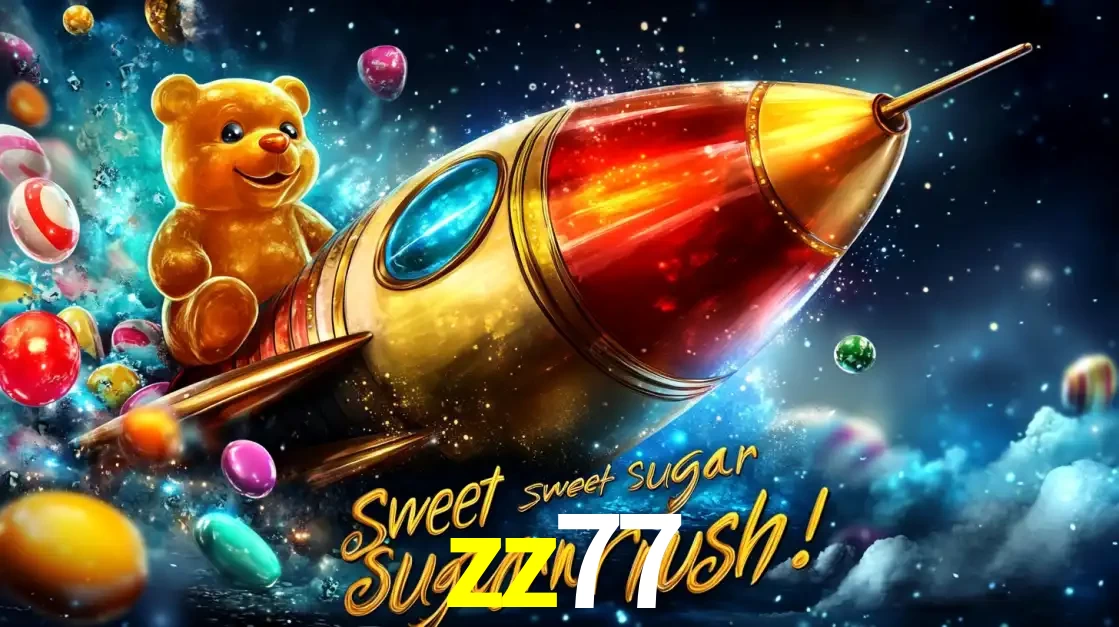 Arte promocional do jogo de slot Sugar Rush, com um urso de pelúcia em um foguete viajando pelo espaço de doces, um dos jogos divertidos disponíveis no cassino zz77.