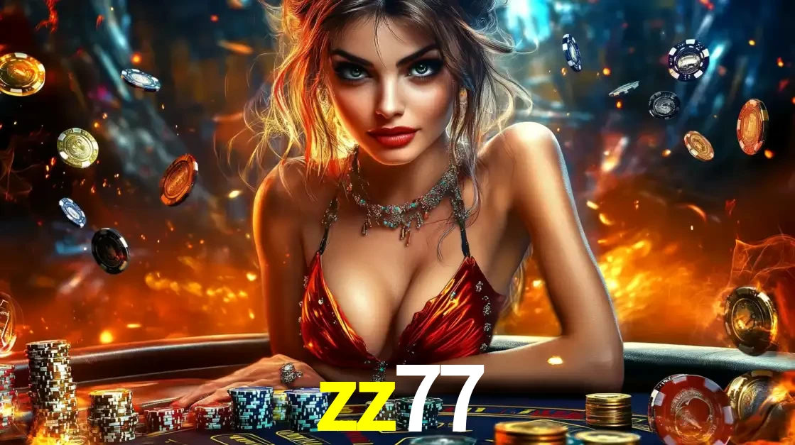 Mulher em uma mesa de cassino com pilhas de fichas e um fundo de fogo, pronta para uma rodada de altas apostas nos jogos de mesa emocionantes do cassino zz77.