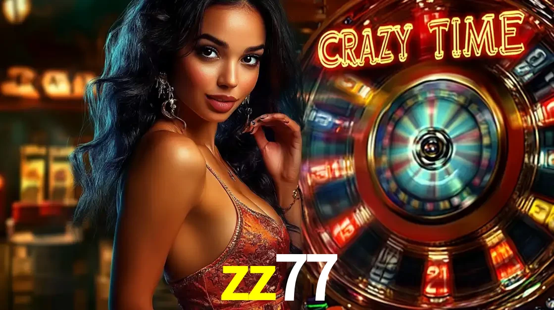 Mulher elegante ao lado da vibrante roda da fortuna do jogo de cassino ao vivo Crazy Time, um dos game shows mais populares e cheios de prêmios do zz77.