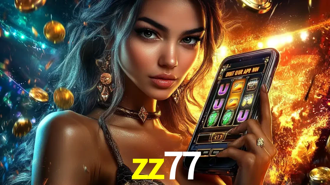 Mulher elegante mostrando um jogo de caça-níqueis em seu smartphone, destacando a experiência de cassino móvel oferecida pelo aplicativo zz77.