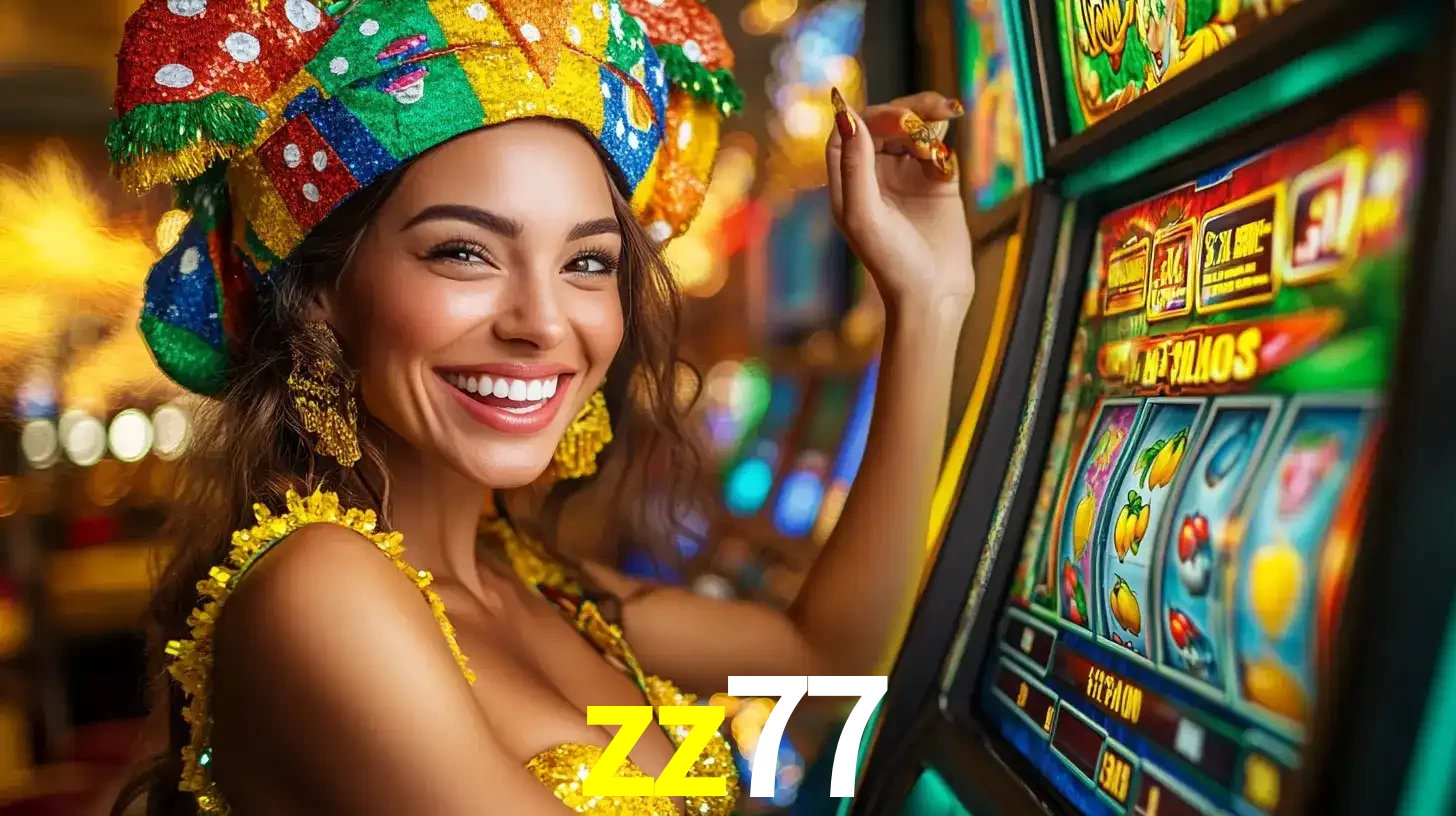 Mulher feliz com traje de carnaval amarelo e colorido ao lado de uma máquina de caça-níqueis, aproveitando a diversão e os jogos temáticos do cassino zz77.