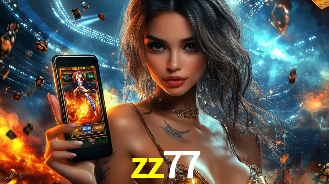 Mulher segurando um celular com um jogo de slot em destaque, tendo como fundo um estádio vibrante, simbolizando a emoção de jogar no cassino móvel zz77.