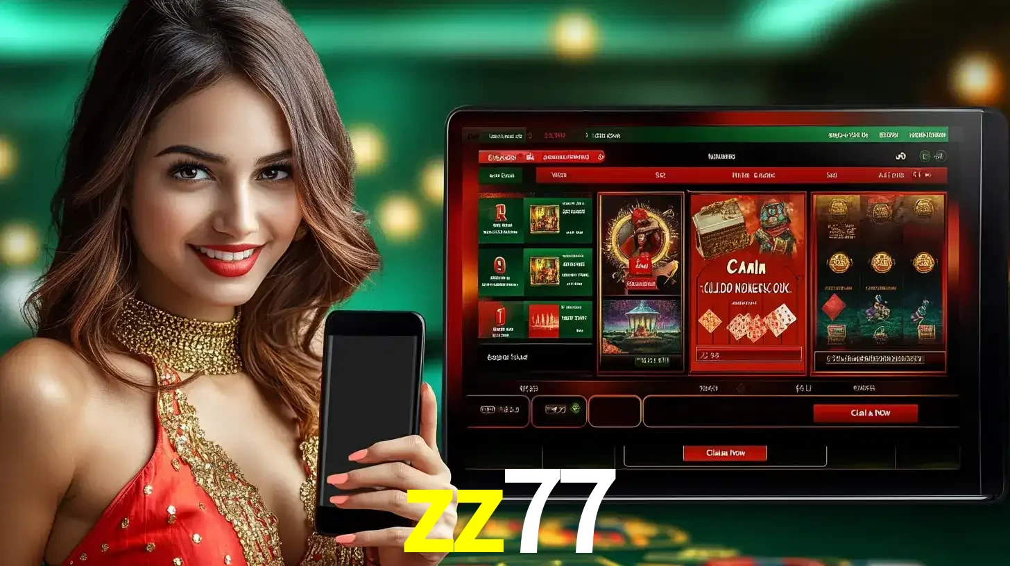 Mulher sorridente segurando um smartphone, ao lado de uma tela exibindo o lobby de jogos do cassino online zz77, com várias opções de jogos de cartas e slots.